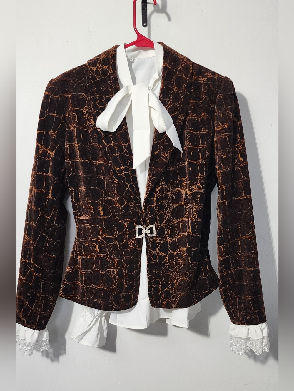 Women's Brown Velvet Croc-Texture Blazer with Bow Detail